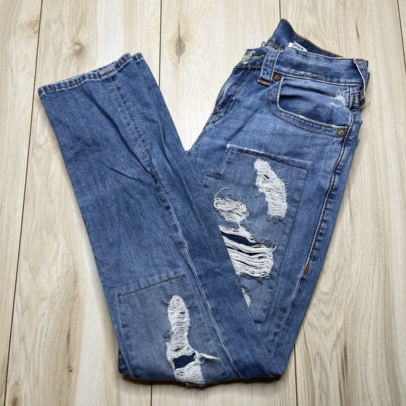 True Religion Slim Flap Mens Distressed Blue Stone Washed Denim Jeans 28x33